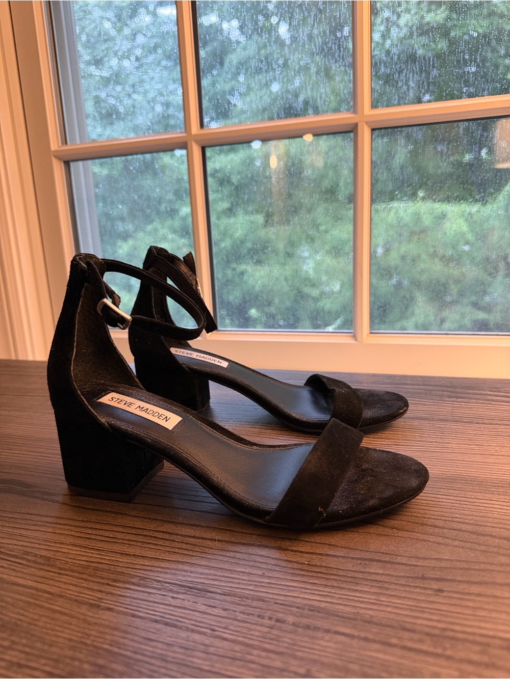 Steve Madden Black Suede Ankle-Strap Block Heels, size 7